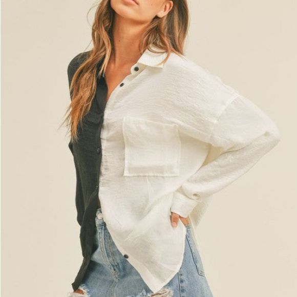 Miou muse Black and white color block button down shirt - Picture 4 of 4